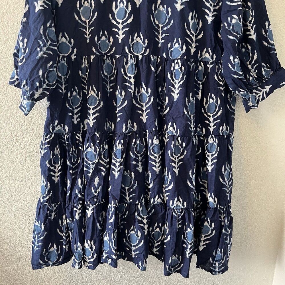 Dress Addict Women's Mini Dress Size Med Blue Batik Tiered Boho Puff Sleeve Chic - Picture 12 of 16